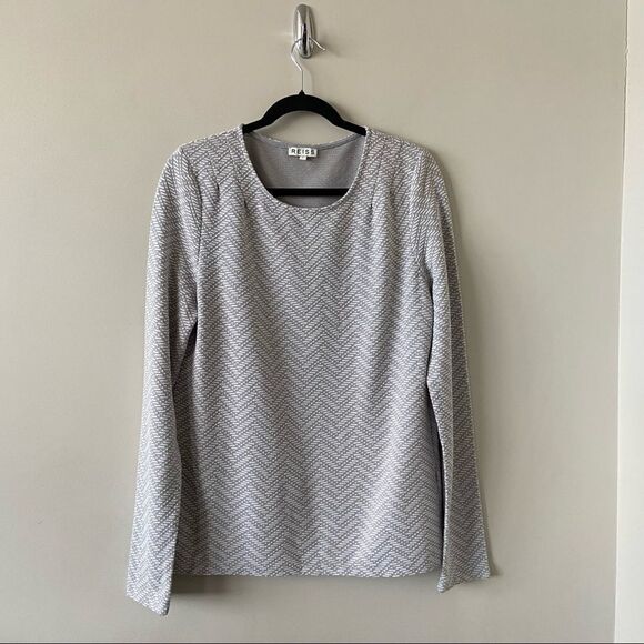 Reiss-textured Jacquard Grey & White Long Sleeve Top - Picture 1 of 8